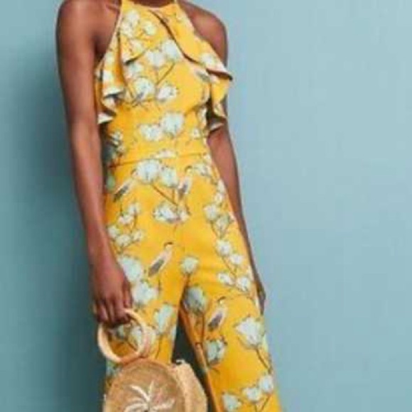 Varun Bahl by Anthropologie Warbler Ruffle deep yellow pants Jumpsuit SZ 8 - Picture 2 of 11